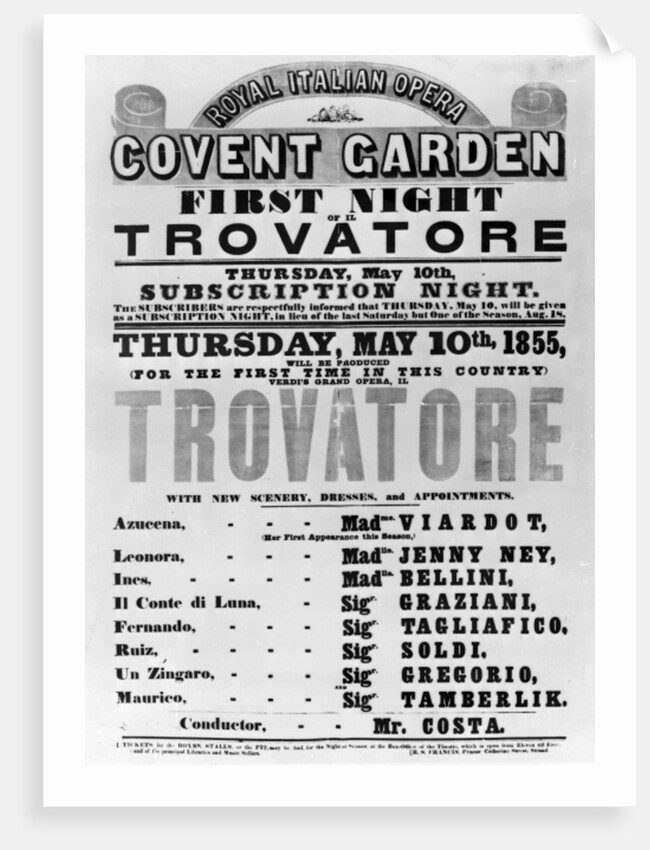 Playbill for the Royal Italian Opera at Covent Garden, 1855 by English School