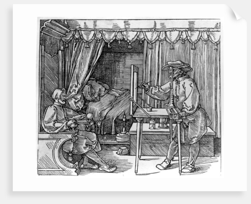 A draughtsman taking details for a portrait, using a perspective apparatus for drawing onto glass by Albrecht Dürer or Duerer