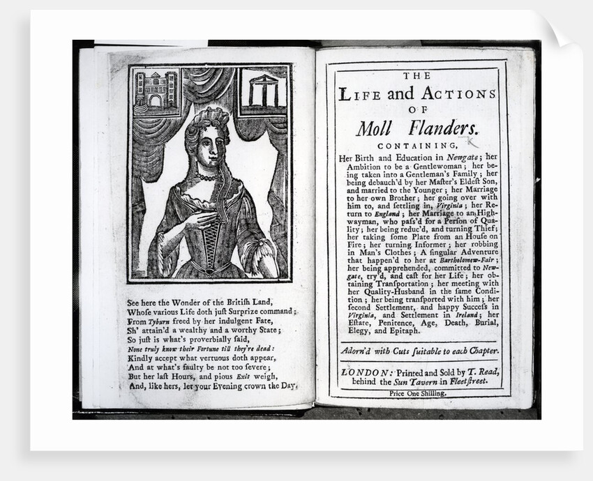 Frontispiece and Title page for 'The Life and Actions of Moll Flanders' by Daniel Defoe, published 1723 by English School