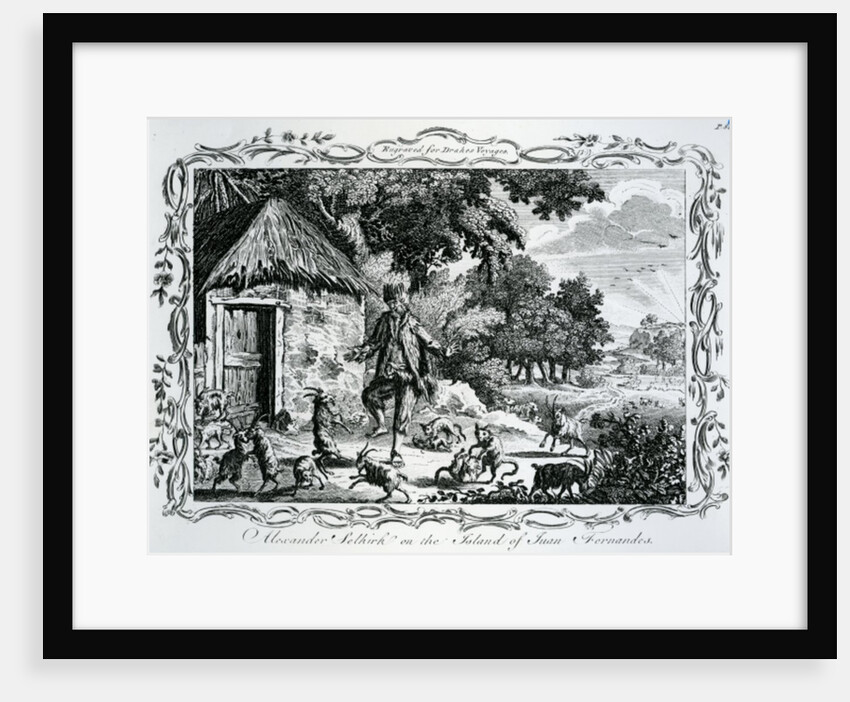 Alexander Selkirk on the Island of Juan Fernandes, published in 'Drakes Voyages', 1780 by English School