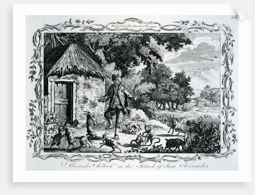 Alexander Selkirk on the Island of Juan Fernandes, published in 'Drakes Voyages', 1780 by English School