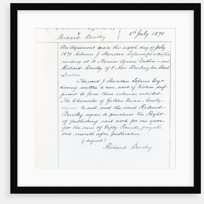 Publishing contract between Joseph Sheridan Le Fanu and Richard Bentley for 'The Chronicles of Golden Friars', 1870 by English School
