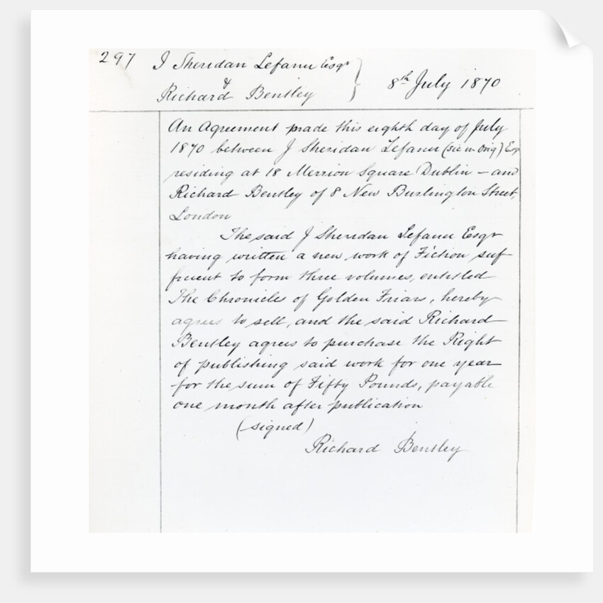 Publishing contract between Joseph Sheridan Le Fanu and Richard Bentley for 'The Chronicles of Golden Friars', 1870 by English School