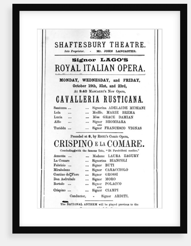 Playbill advertising a performance of 'Cavalleria Rusticana' and 'Crispino e la Comare' at the Shaftesbury Theatre by English School