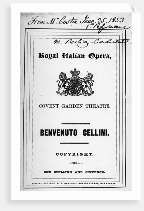 Programme for the opera 'Benvenuto Cellini' by Berlioz, performed in 1853 by English School