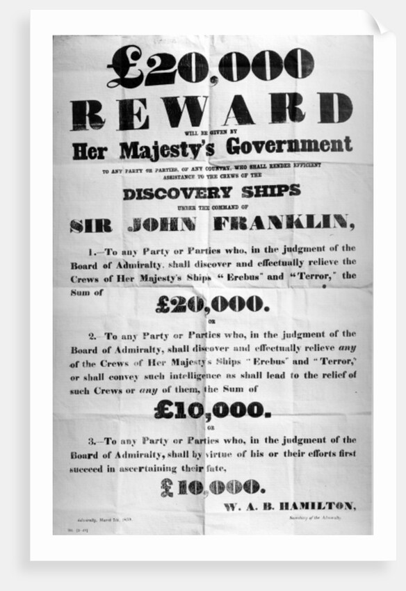 Poster offering a reward for the discovery of the lost Franklin Artic Expedition, 1850 by English School