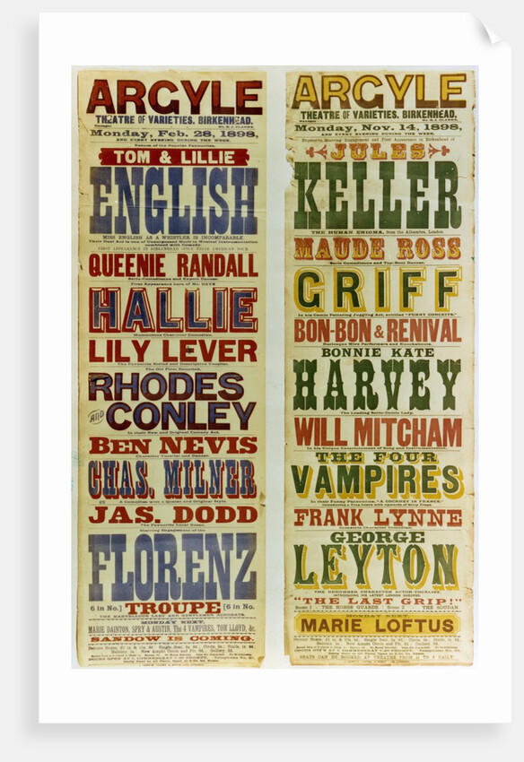 Posters for the Argyle Theatre of Varieties, Birkenhead, 1898 by English School