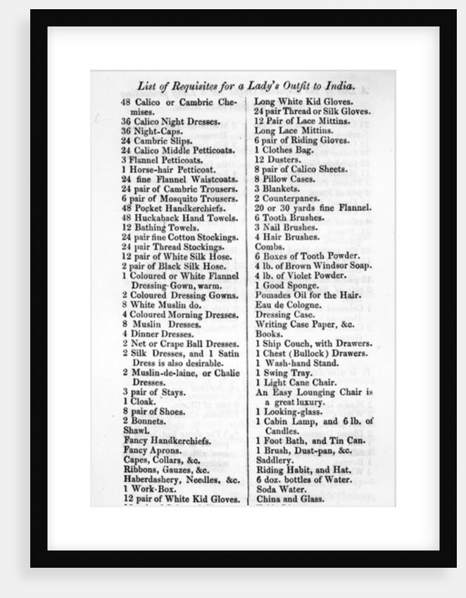 List of Requisites for a Lady's Outfit to India by English School