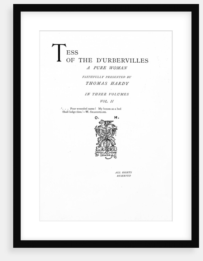 Title page to 'Tess of the D'Urbervilles' by Thomas Hardy, edition published in 1892 by English School