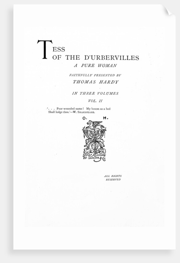 Title page to 'Tess of the D'Urbervilles' by Thomas Hardy, edition published in 1892 by English School