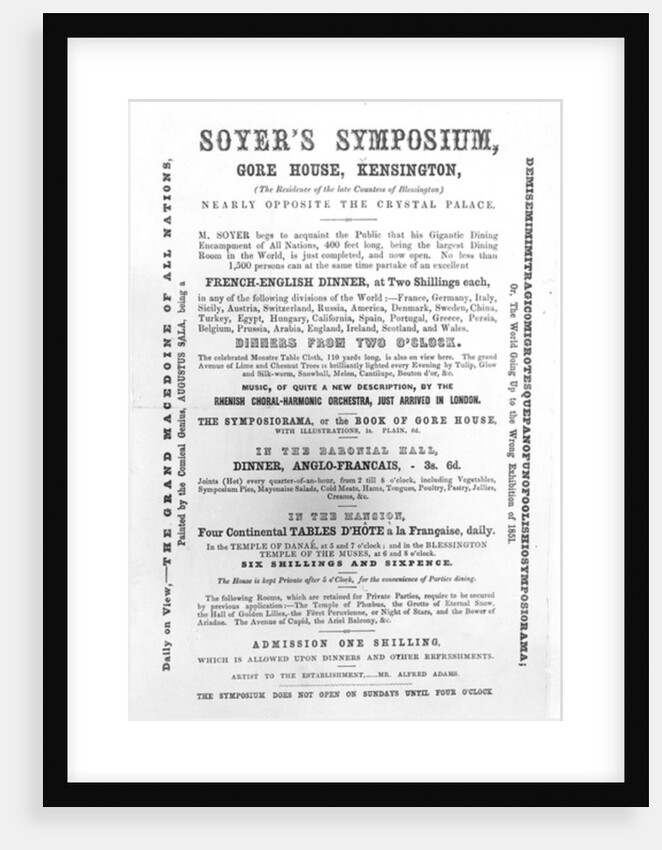 Poster for 'Soyer's Symposium', 1851 by English School