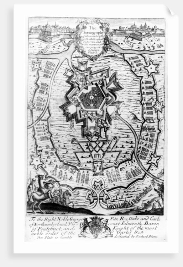 The scenography of a town and castle with all the usual outworks and the manner of carrying out a siege by English School