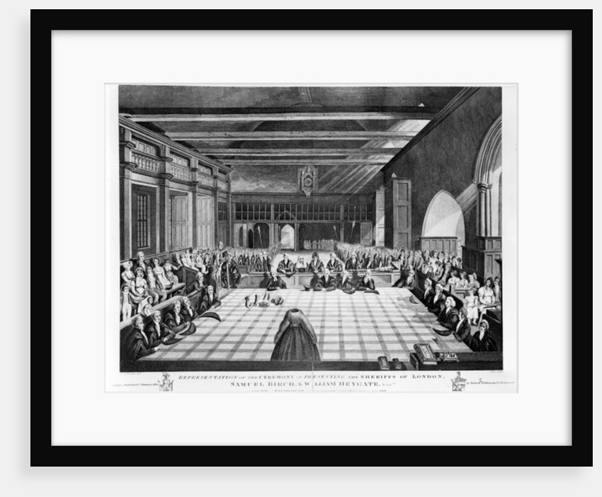 Representation of the Ceremony of Presenting the Sheriffs of London, Samuel Birch and William Heygate Esqs. in the Court of the Exchequer by C. John Mayle (after) Whichelo