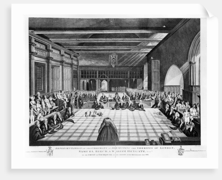 Representation of the Ceremony of Presenting the Sheriffs of London, Samuel Birch and William Heygate Esqs. in the Court of the Exchequer by C. John Mayle (after) Whichelo