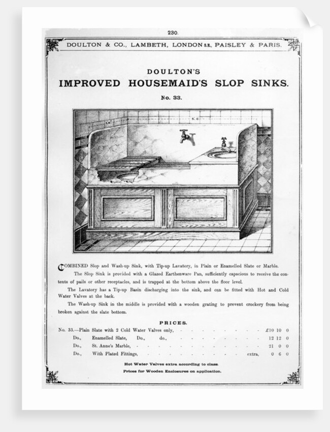 Advertisement for 'Doulton's Improved Housemaid's Slop Sinks', c.1880s by English School
