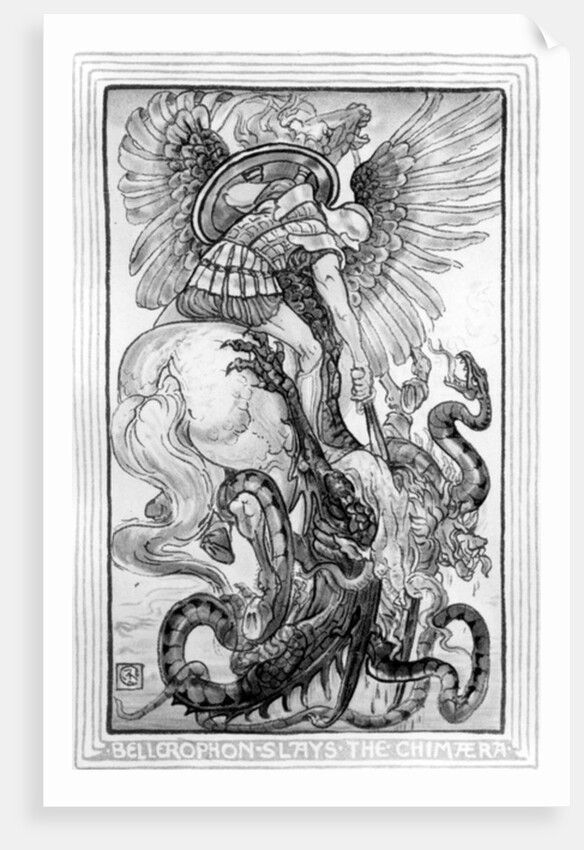 Bellepheron Slays the Chimeara, taken from 'The Wonder-Book for Girls and Boys' written by Nathaniel Hawthorne, 1852 by American School