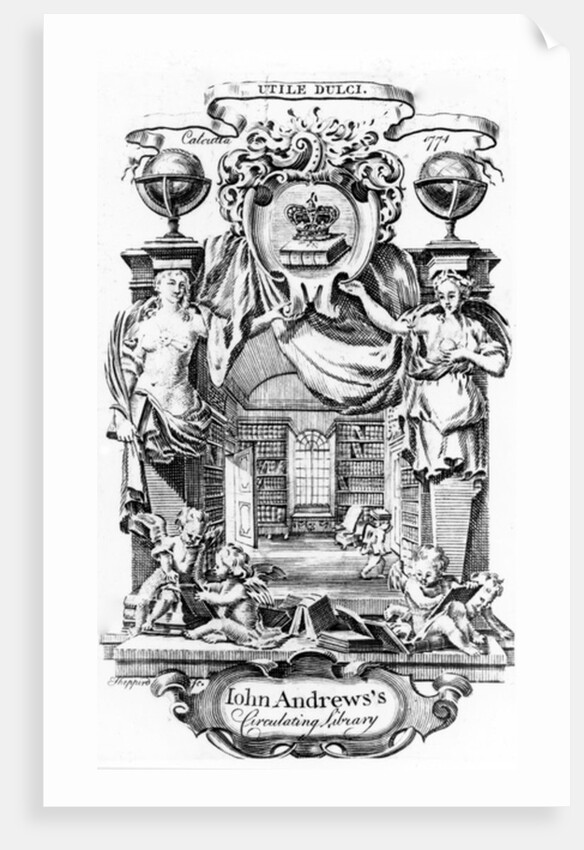 John Andrews's Circulating Library bookplate by Joseph Shepperd, published in Calcutta, 1774 by English School