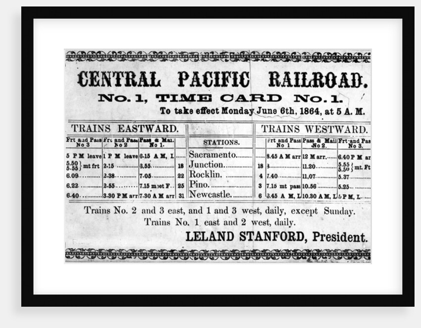 Photographic print of the Central Pacific Railroad Company's original timetable for 6th June 1864, 1864 by American School