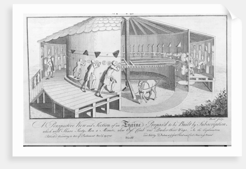 A Perspective View and Section of an Engine Propos'd to be Built by Subscription which will shave Sixty Men a Minute, also Oyl comb and Powder their Wigs by English School