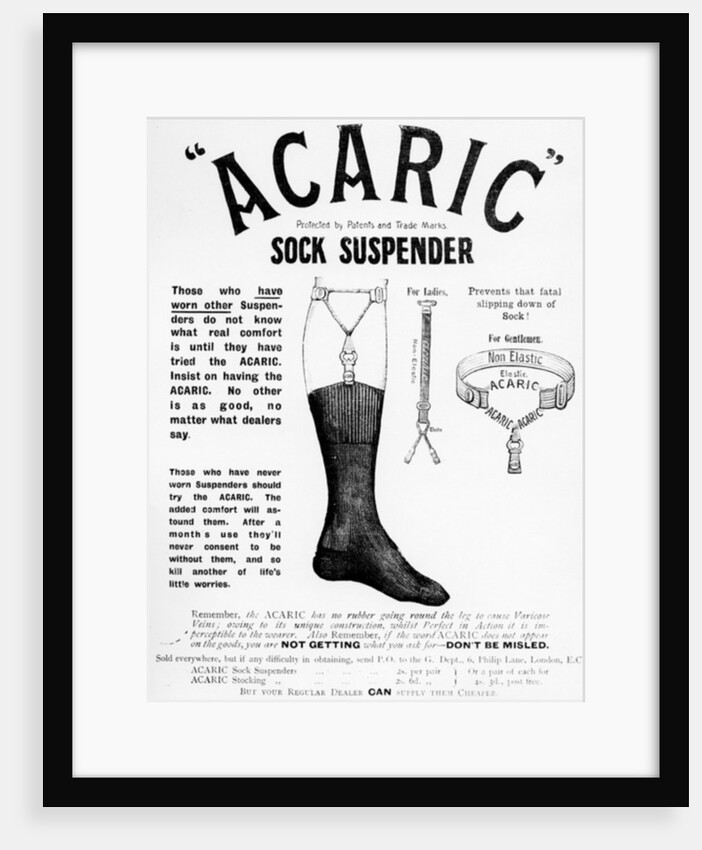 Acaric Sock Suspender advertisement, 1898 by English School