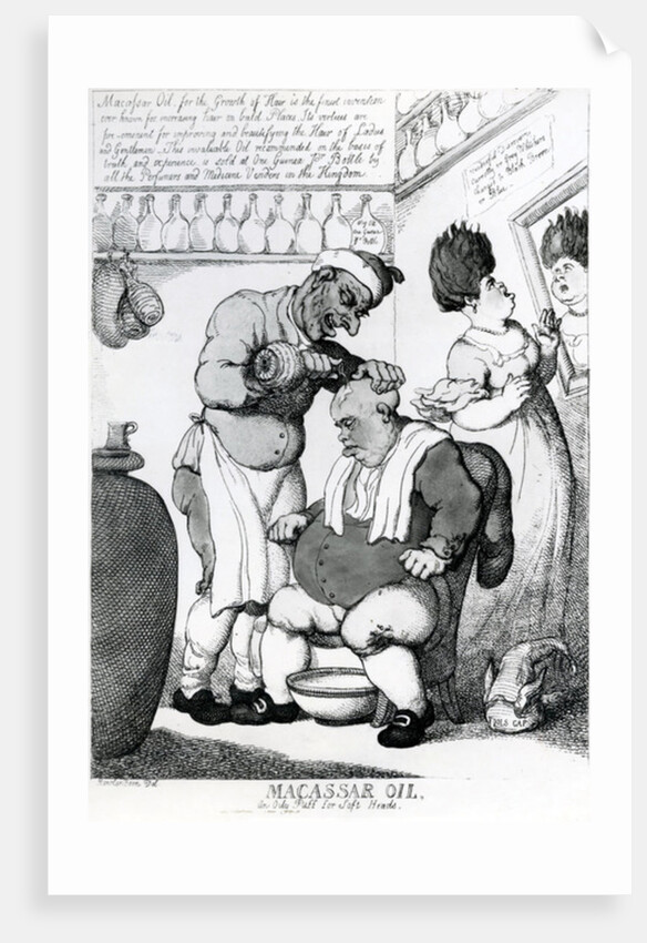 Massacar Oil, an oily puff for soft heads, 1814 by Thomas Rowlandson