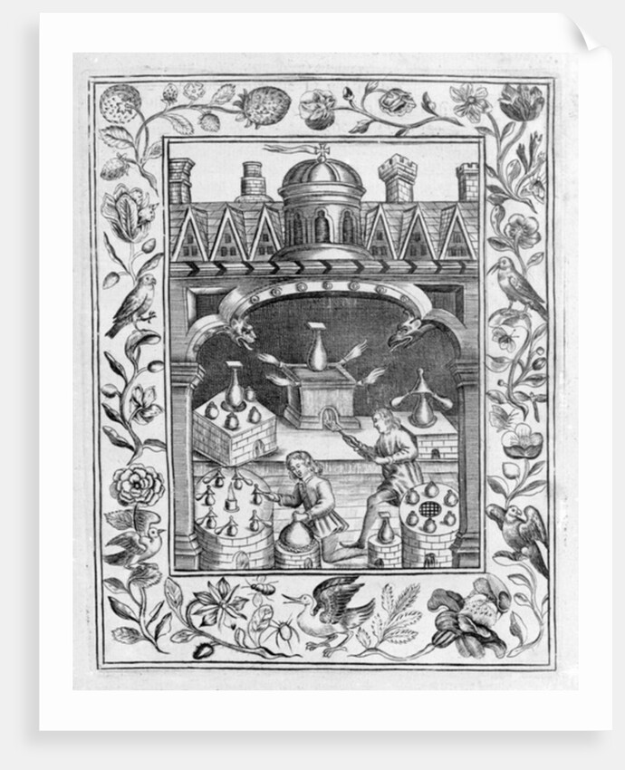 Alchemical laboratory showing various forms of furnace and vessels, taken from 'Theatrum Chemicum Britannicum' by Elias Ashmole, 1652 by English School