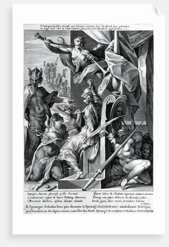 Mercury and Minerva arm a hero with a bull's hide and a laurel wreath, 1604 by Jan Harmensz Muller