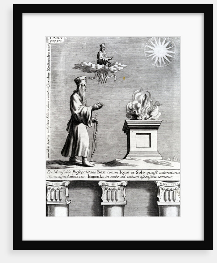 Illustration of Zoroaster worshipping fire and the sun, 1697 by English School