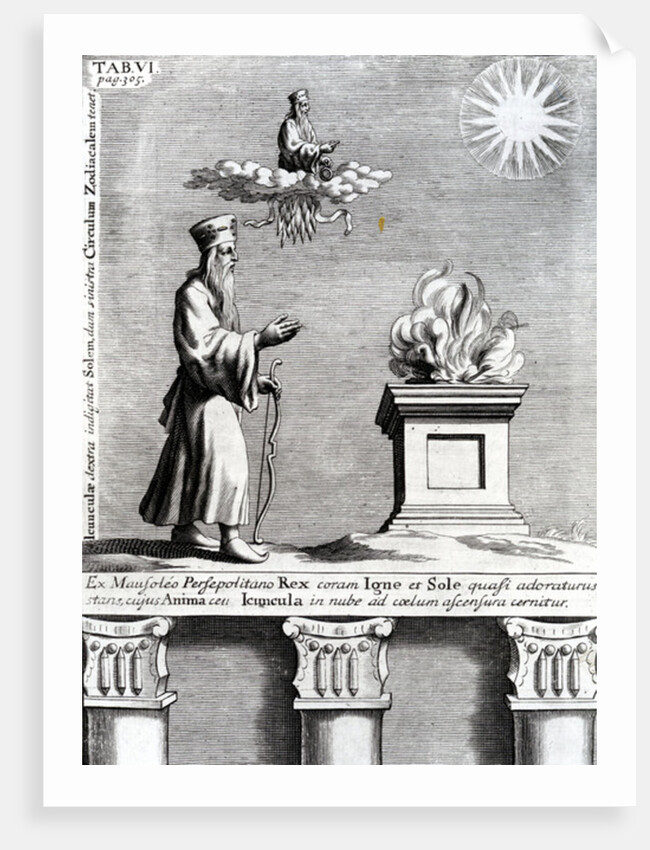 Illustration of Zoroaster worshipping fire and the sun, 1697 by English School