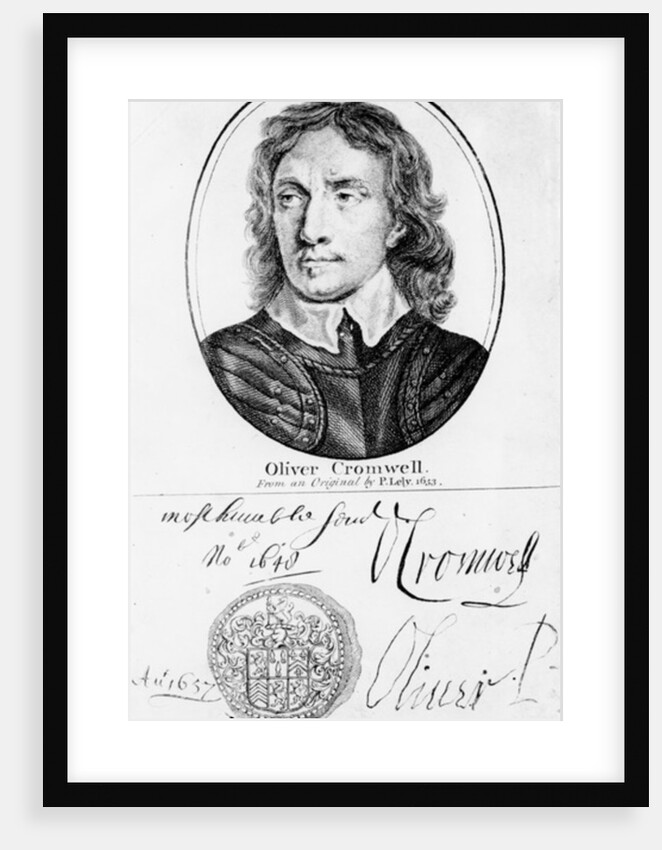 Portrait of Oliver Cromwell from an original by Peter Lely of 1653, and his seal and autographs by English School