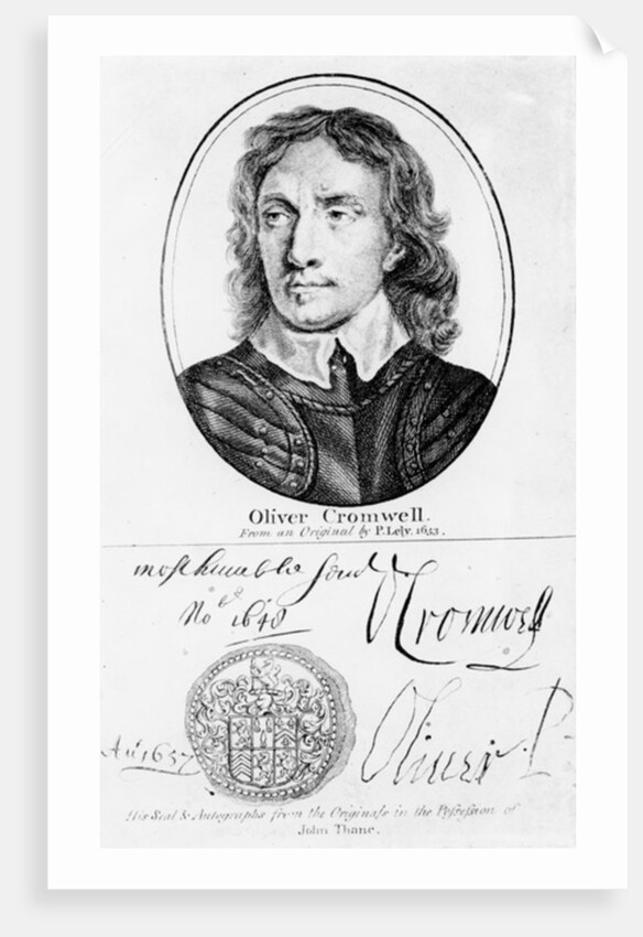 Portrait of Oliver Cromwell from an original by Peter Lely of 1653, and his seal and autographs by English School