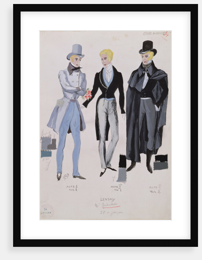 Lensky, costumes from acts I, II and III of the opera 'Eugene Onegin', 1830 by A. Lebrun