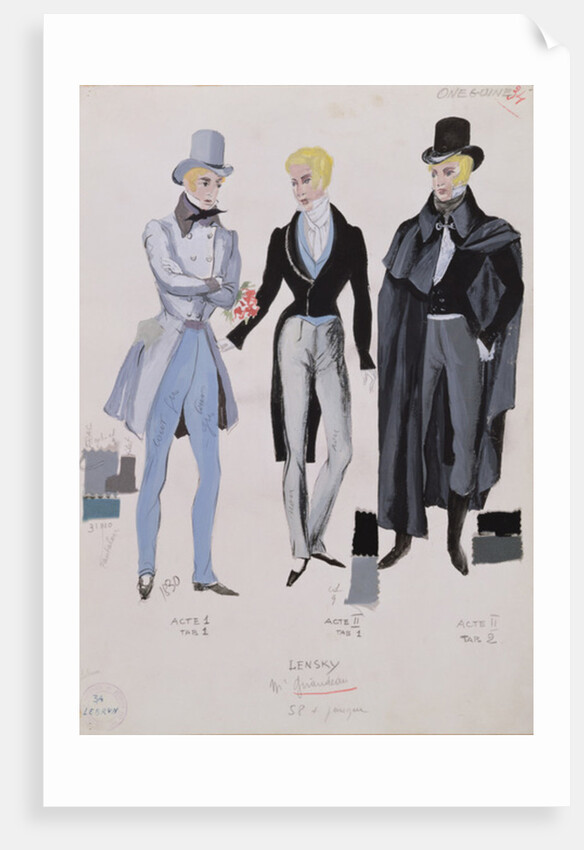 Lensky, costumes from acts I, II and III of the opera 'Eugene Onegin', 1830 by A. Lebrun