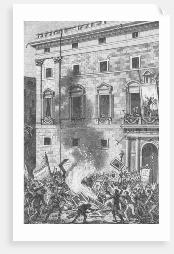 Pueblo de Barcelona Quemando Retratos de los Borbones, 1868 by Spanish School