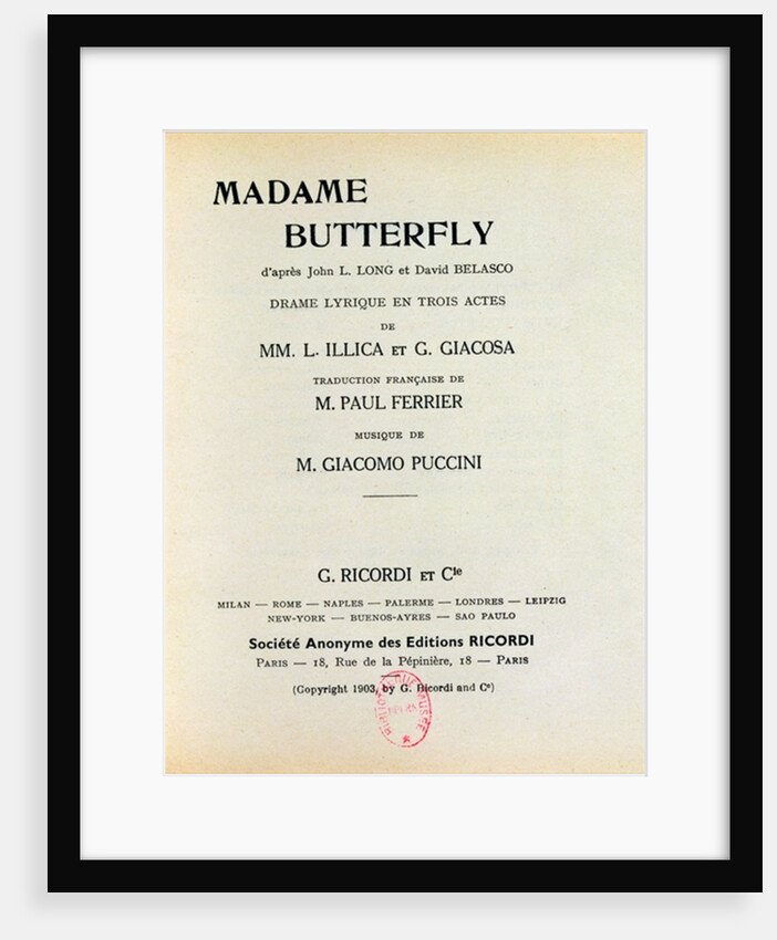 Playbill for 'Madame Butterfly' by Giacomo Puccini 1903 by French School