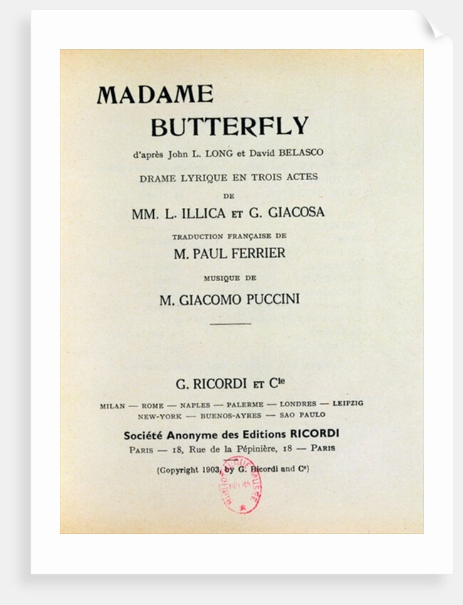 Playbill for 'Madame Butterfly' by Giacomo Puccini 1903 by French School