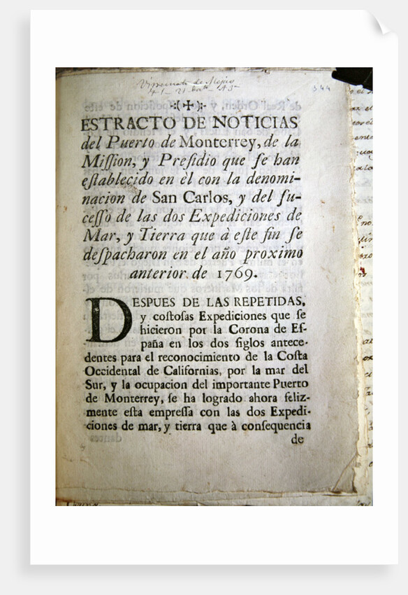 The first page of the official account of the Portola Expedition of 1769-70 by Anonymous