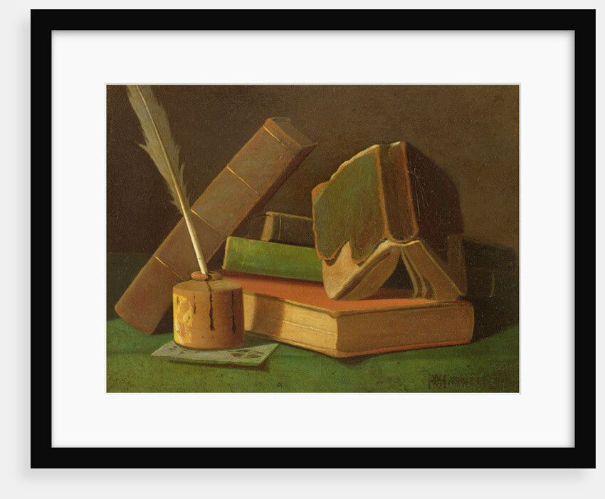 Still life with books and ink well by William Michael Harnett
