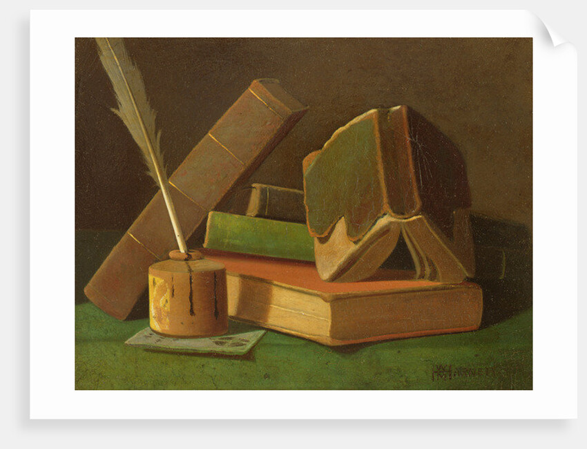 Still life with books and ink well by William Michael Harnett
