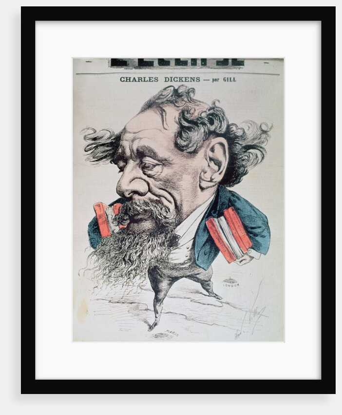 Charles Dickens astride the English Channel, cover illustration from 'L'Eclipse', 14th June 1868 by Andre Gill