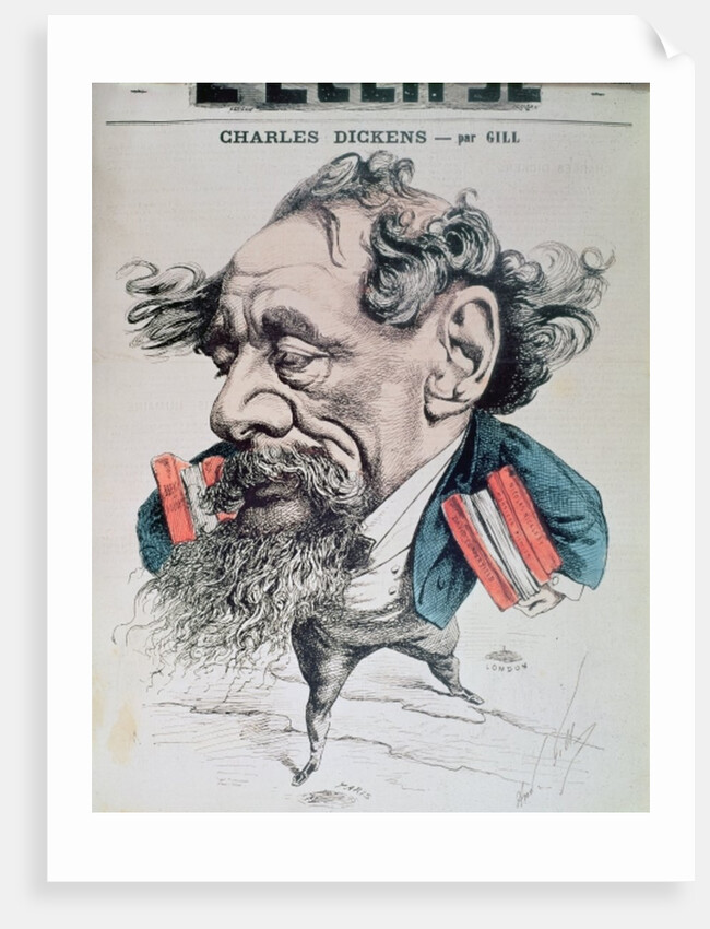 Charles Dickens astride the English Channel, cover illustration from 'L'Eclipse', 14th June 1868 by Andre Gill