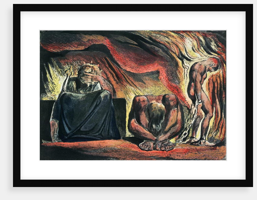 Jerusalem The Emanation of the Giant Albion; plate 51 Vala, Hyle and Skofeld, showing the crowned Vala crouched in despair with two of her acolytes: Hyle and Scofeld, c.1804-20 by William Blake