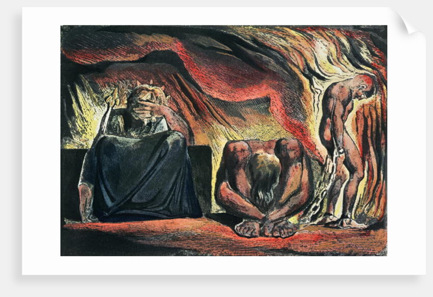 Jerusalem The Emanation of the Giant Albion; plate 51 Vala, Hyle and Skofeld, showing the crowned Vala crouched in despair with two of her acolytes: Hyle and Scofeld, c.1804-20 by William Blake