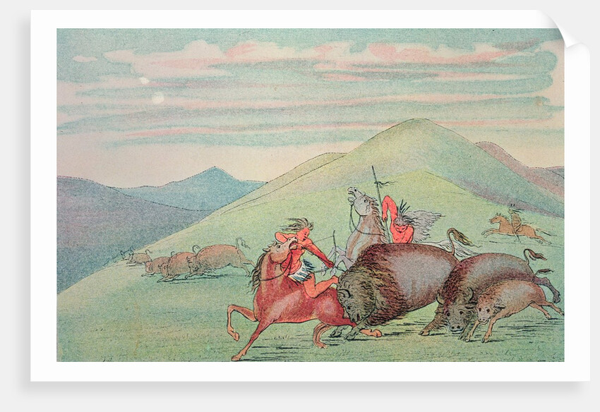 Buffalo bull protecting calf and mother under attack by George Catlin