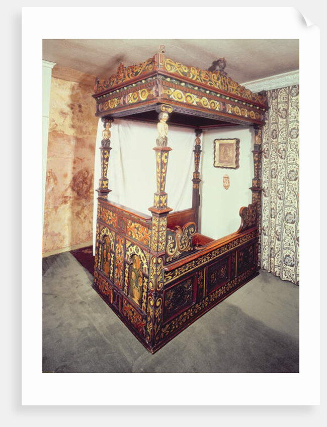 Painted four poster bed with Ionic capitals supported by figures of Adam, Eve, Cain and Abel, 1541 by Anonymous