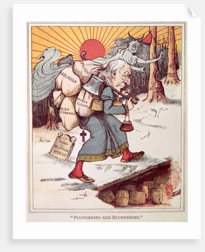 Plundering and Blundering, cartoon of Gladstone as a pilgrim weighed down with burdens, c.1880 by Anonymous