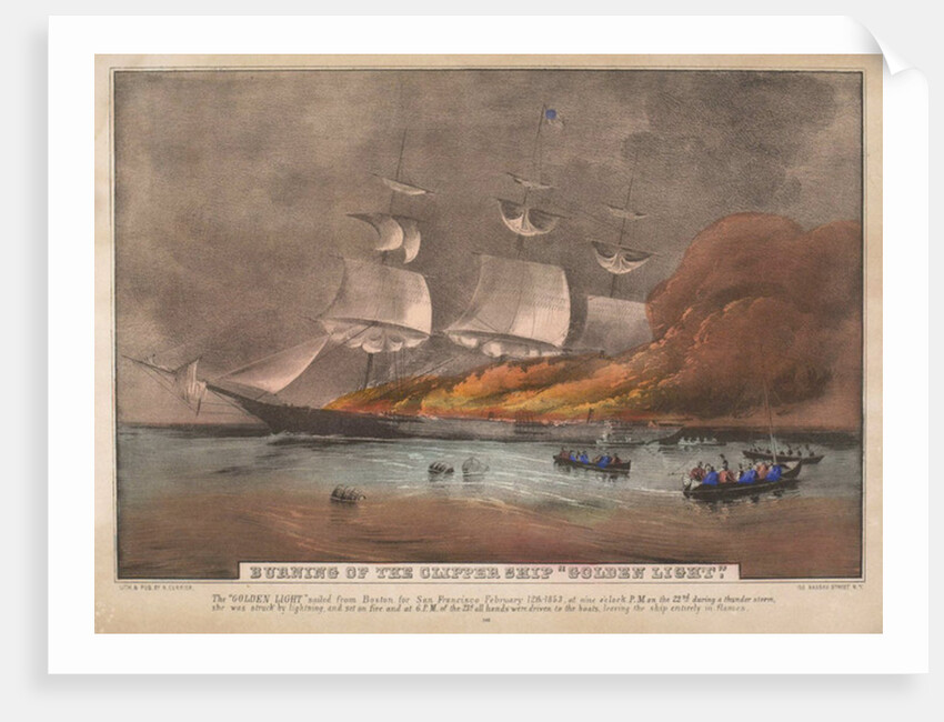 Burning of the Clipper Ship, 'Golden Light' by N. and Ives J.M. Currier