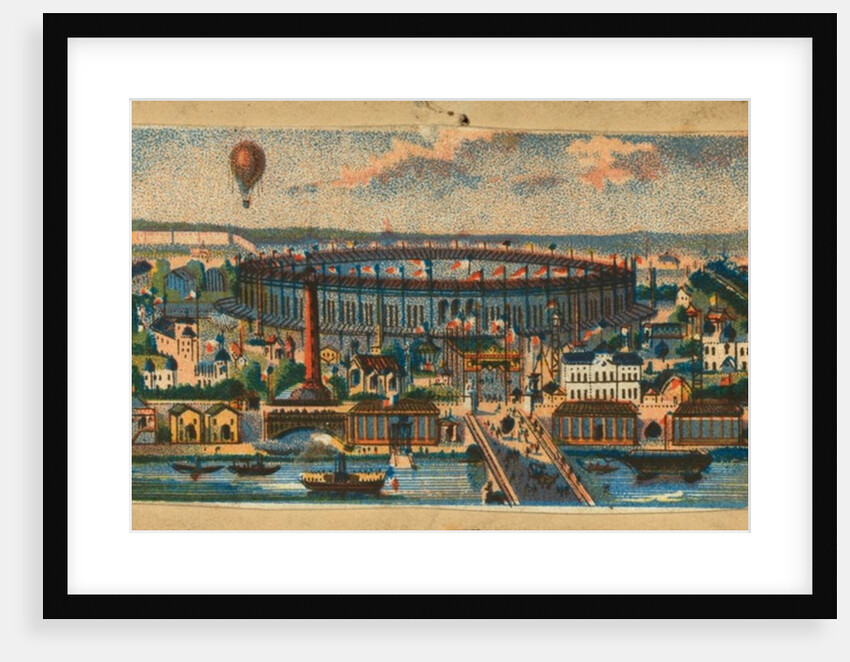 View of the Paris Exposition of 1867 showing waterfront, main exhibit building, and balloon flying in the distance by French School