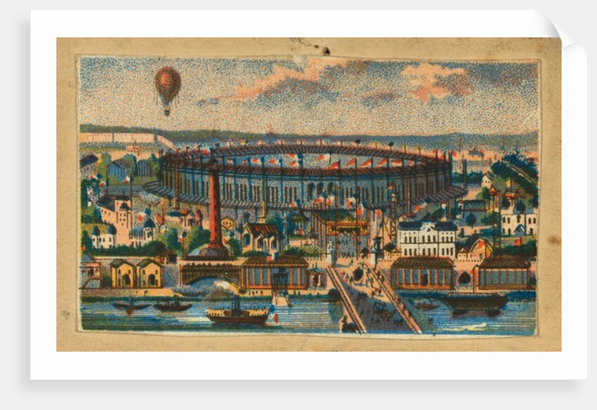 View of the Paris Exposition of 1867 showing waterfront, main exhibit building, and balloon flying in the distance by French School