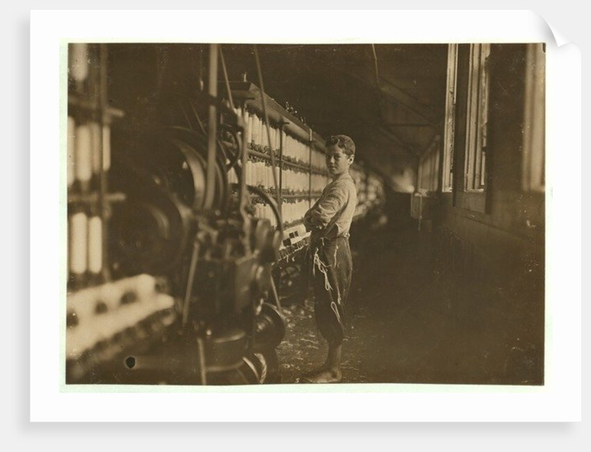John Dempsey, 11 or 12 years old, Saturday worker in the mule-spinning room at Jackson Mill, Fiskeville, Rhode Island, 1909 by Lewis Wickes Hine